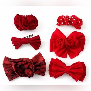 6 Vintage Red Hair Bow Barrette Lot Satin Pleated Rose Polka Dot Retro 80s 90s